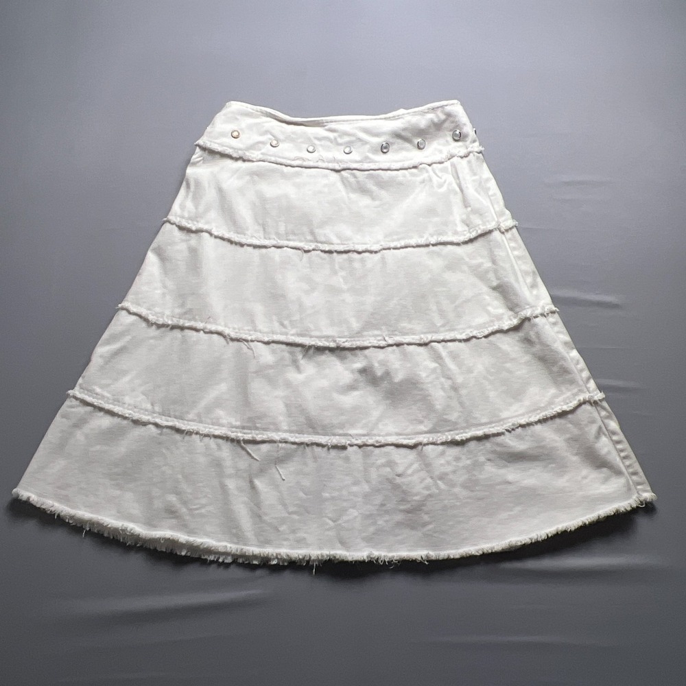 Newport News A-Line Midi Skirt Womens 16 White Denim Tiered Pearl Waist Back Zip